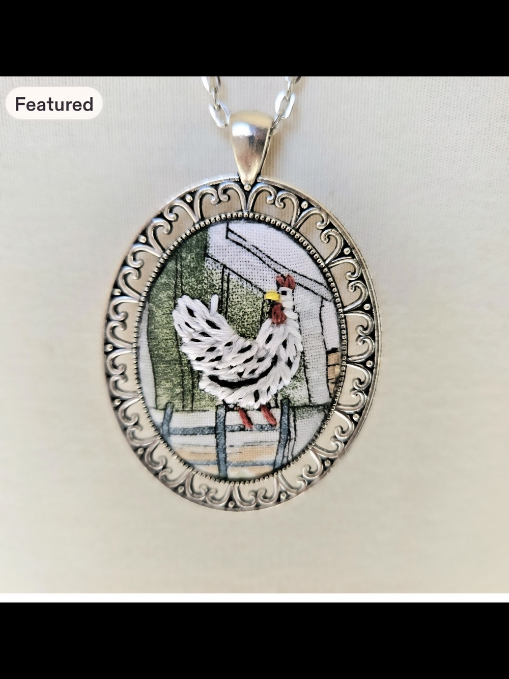Chicken Pendant Necklace Hand Embroidered